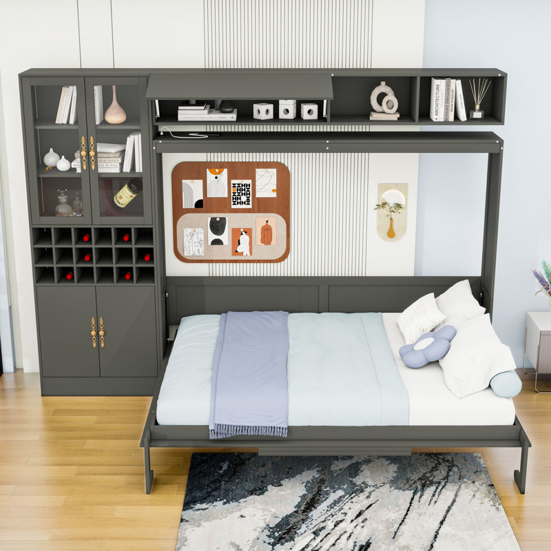 Lit escamotable avec tablettes, USB et lumière Murphy, gris, Queen