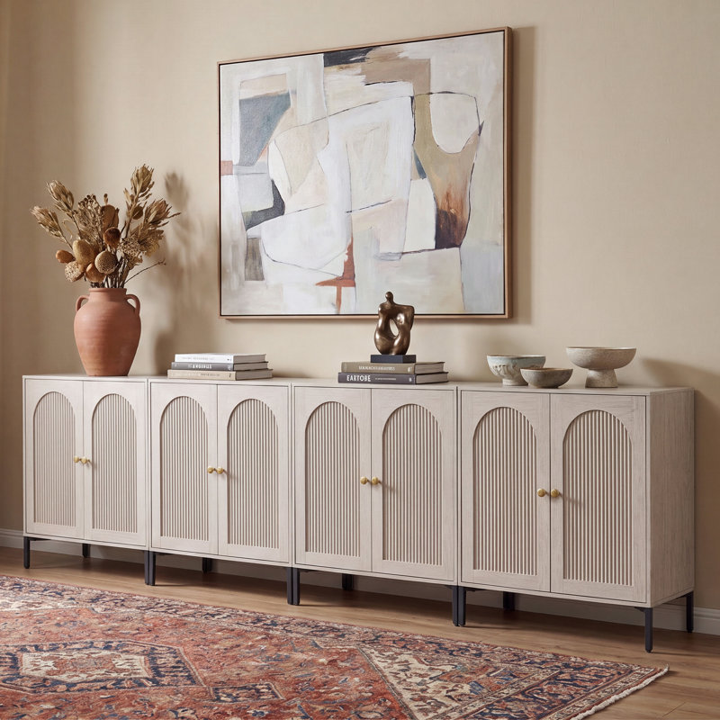 Buffet moderne cannelé avec rangement, Gris, Four pieces, H 34 po x l 123,52 po x P 15,75 po