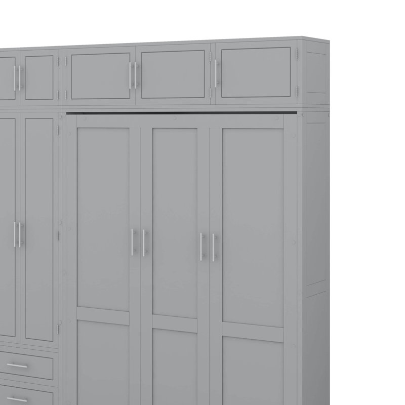 Grand lit escamotable mural avec armoire supérieure, tablettes et garde-robe, Gris
