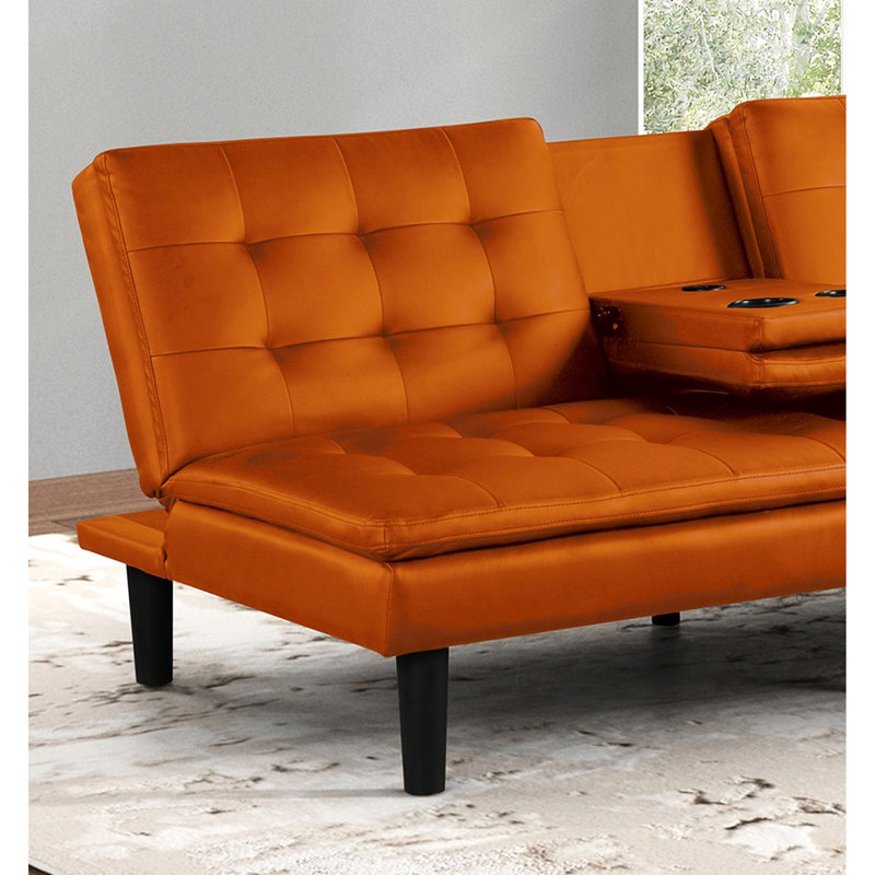 Orange Contemporary Futon Bed With Biscuit - Seat And Back, Ports, Drop Down Table Changing Adaptability, 71.5"W X 35.5"D 32"H Style Tufting On Seat, A & C Chargers Making Function,