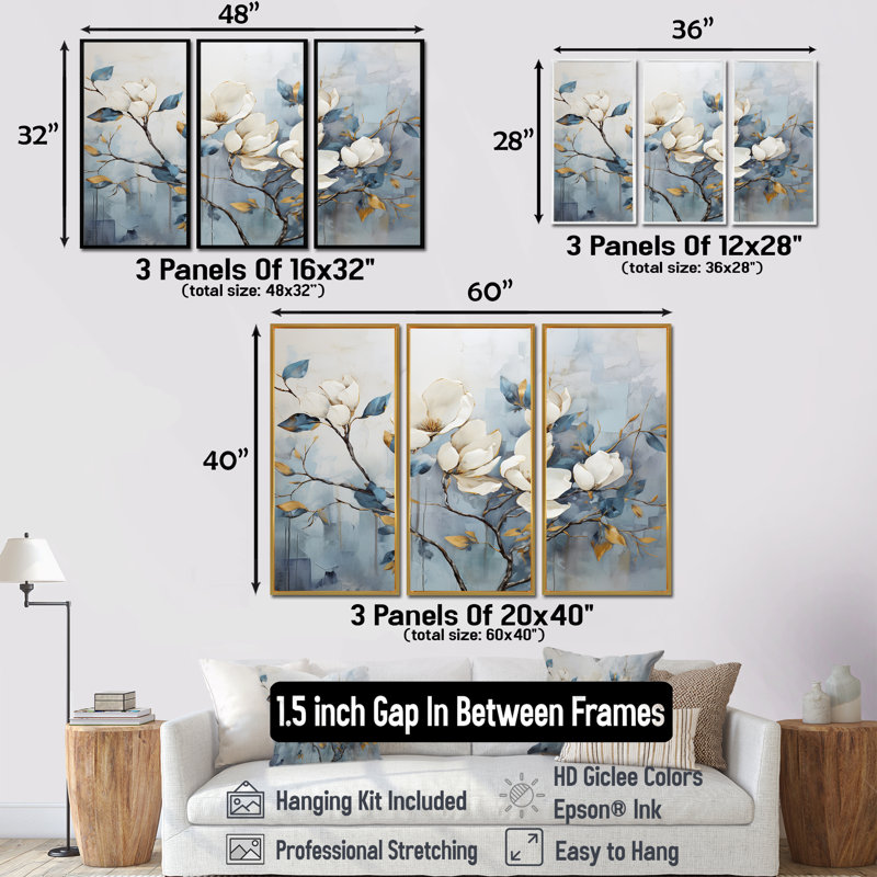 Electa - Magnolias Canvas Wall Art Set, 40" H x 60" W x 1" D, Brown Floater Framed