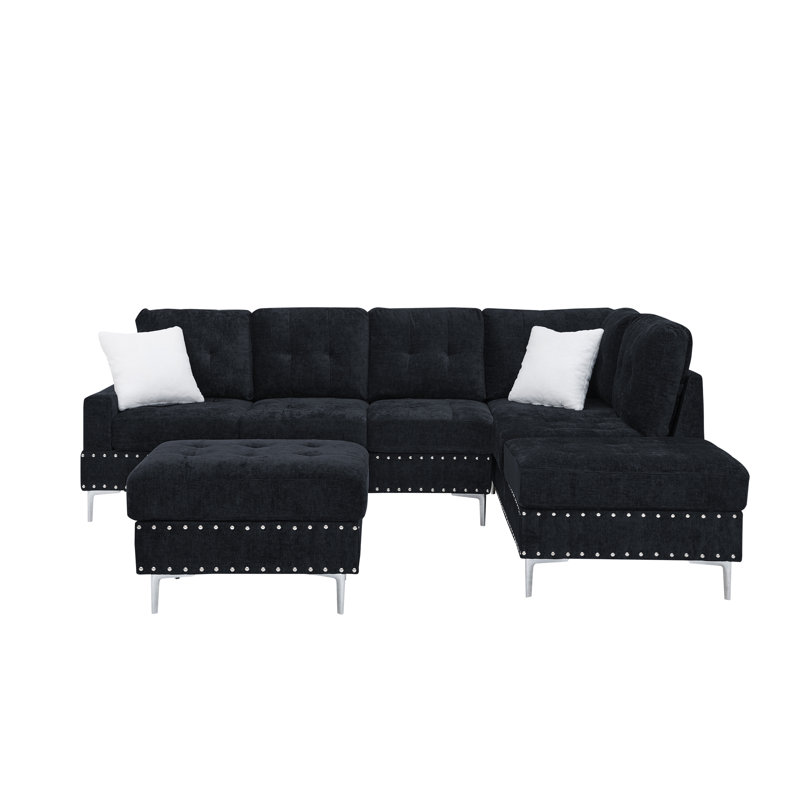 Sectional 3-Seaters Sofa with Chaise, Storage Ottoman, Metal Legs and Copper Nails,Two White Pillows ,Navy Bule(102" x 76" x35")