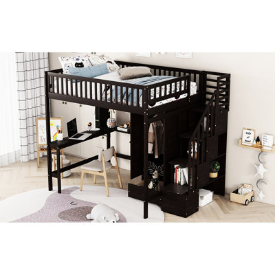Full Size Loft Bed In With All-round Facilities. Bookshelf, Drawers, Desk, And Wardrobe. Strong Construction Solid Pinewood . Playhouse Inspired Design. Fence Shaped Feature. 94.4"l X 57"w 72"h.