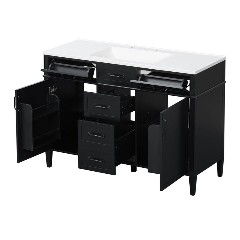 Meuble-lavabo moderne autoportant de 122 cm (48 po), meuble-lavabo composite avec 4 tiroirs, 2 portes et étagères réglables