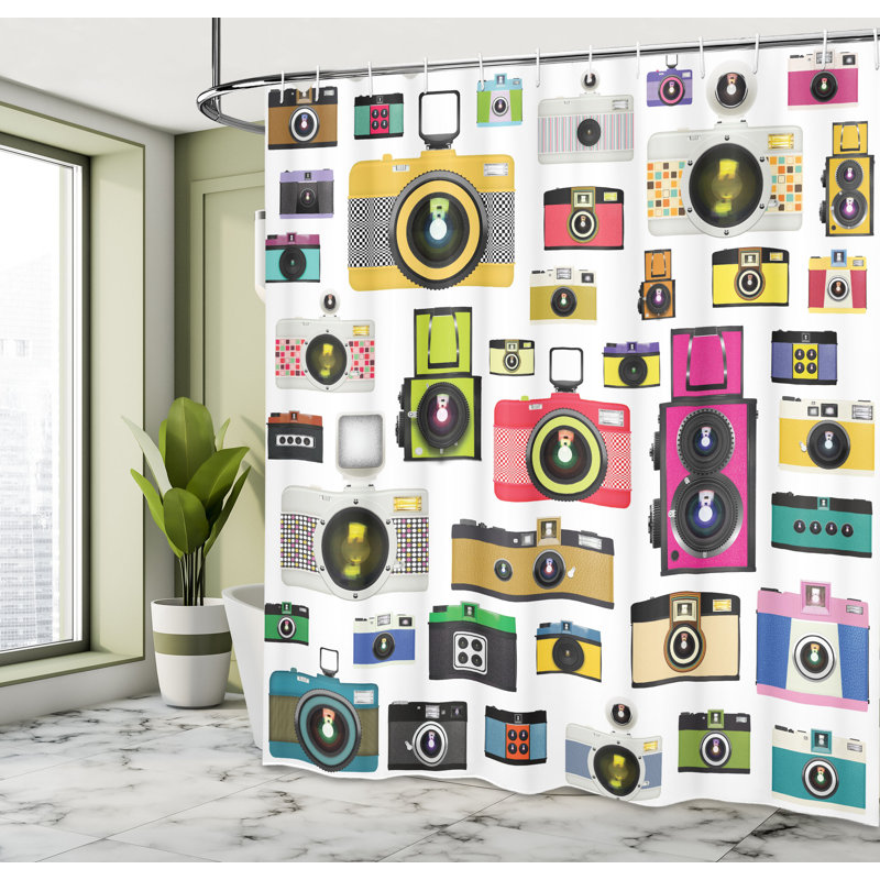 Vintage Camera Print Fabric Shower Curtain with Hooks