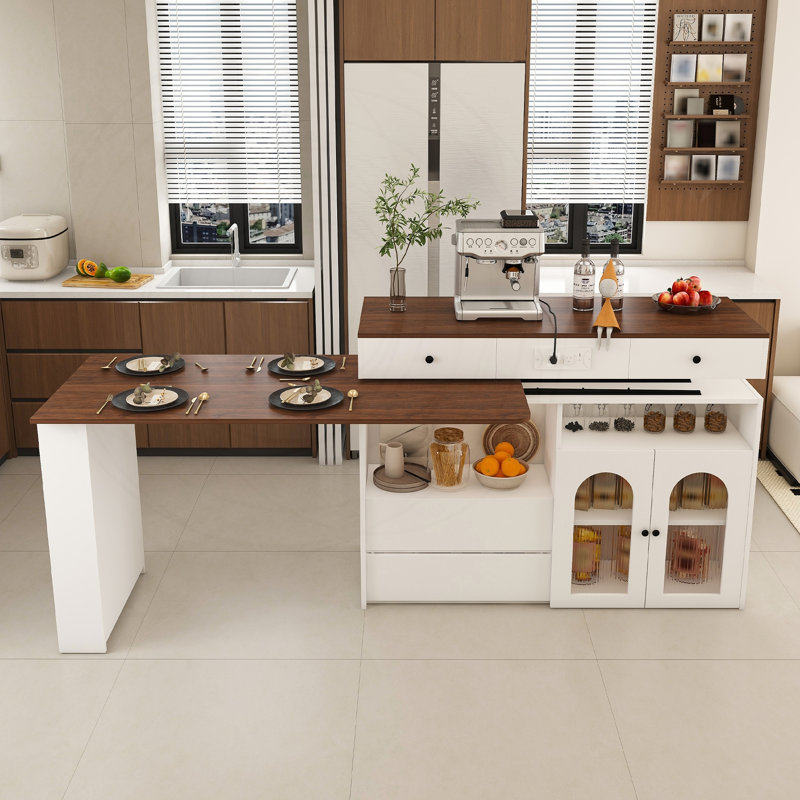 Îlot de cuisine avec table extensible et rotative, placage de noyer et rangement, Blanc