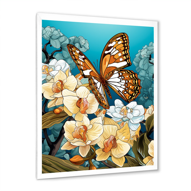 Gracieux papillon brun sur des orchidées rétro, Cadre simple blanc, H 40 po x l 30 po x P 1,5 po