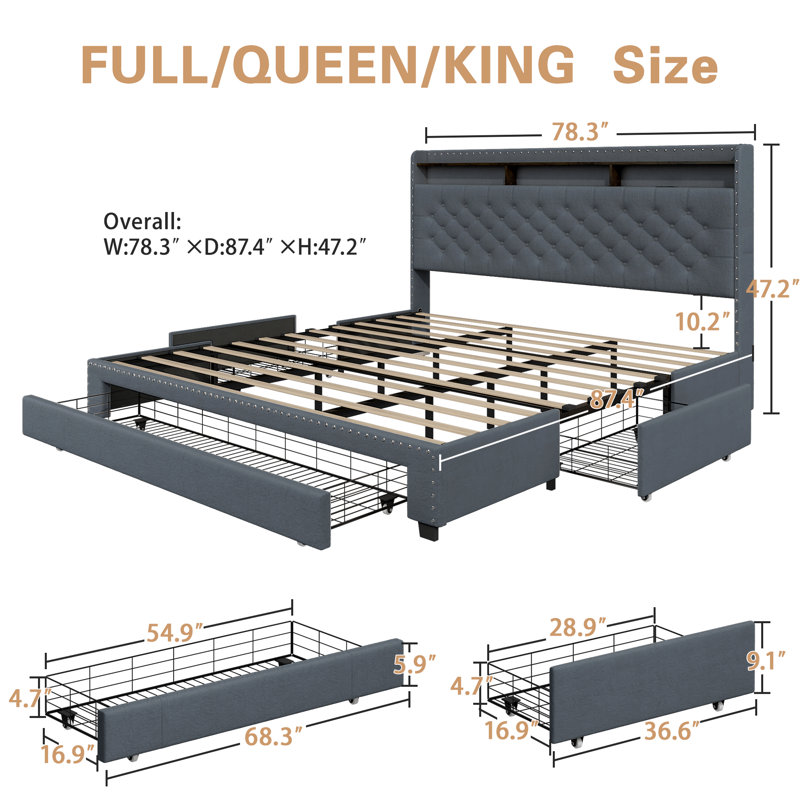 Upholstered Platform Bed Frame with 3 Drawers and RGB LED Lights, Bed with Storage Headboard and Charging Station, Grey, King