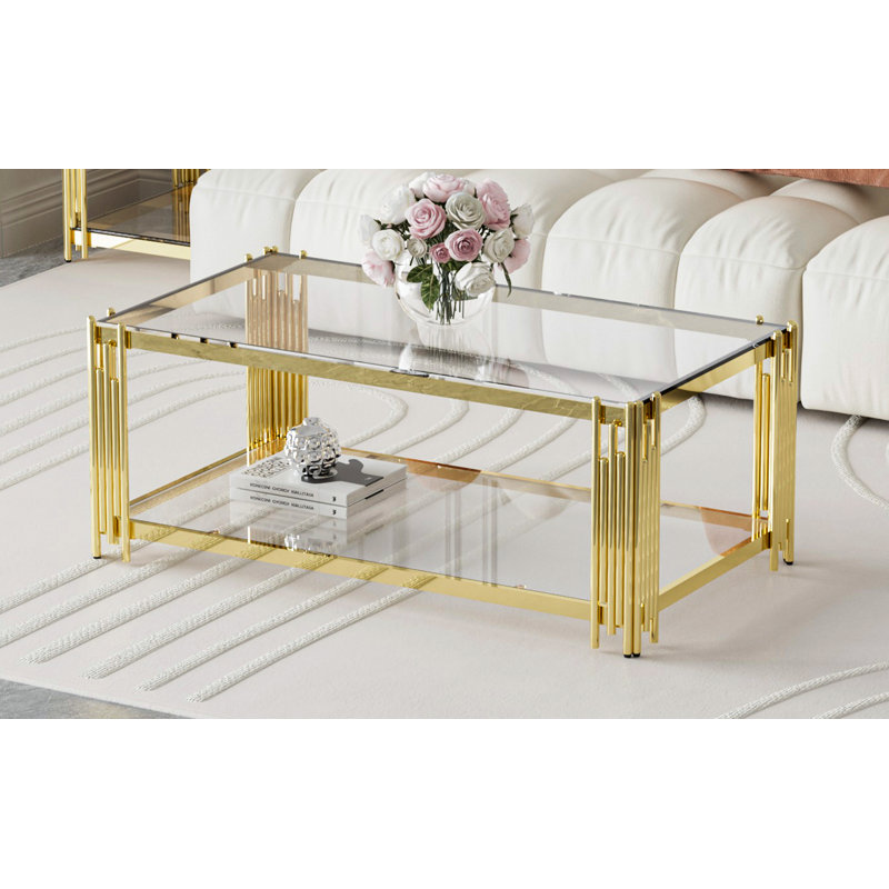  Raymere 43.3" L x 23.6" W 2-Tier Rectangle Clear Tempered Glass Top Coffee Table, Deluxe Gold Stainless Legs Sofa Table