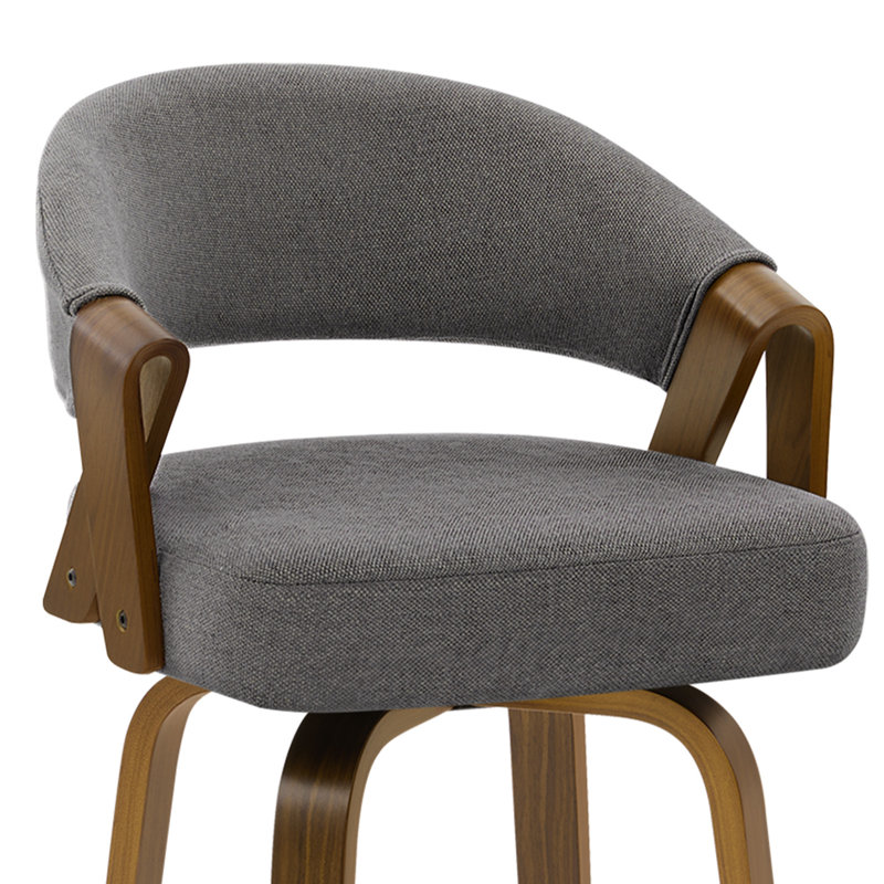 360° Swivel Mid-Century-Modern Walnut Bar Stool With Curved Upholstered Back, Gray
