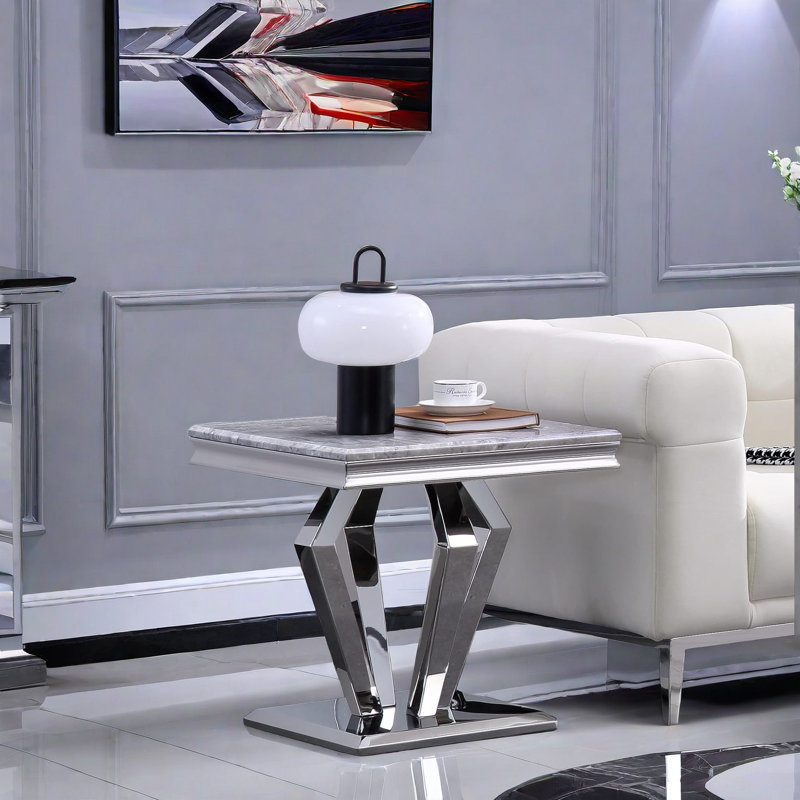 Black And Gold End Side Table With Polished Geometric Base, Grey/Silver