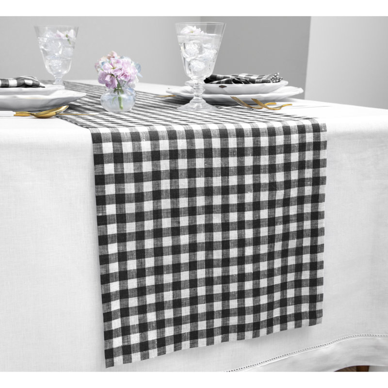Gingham Checks - 100% Pure Linen Table Runner, 108" x 14", Black