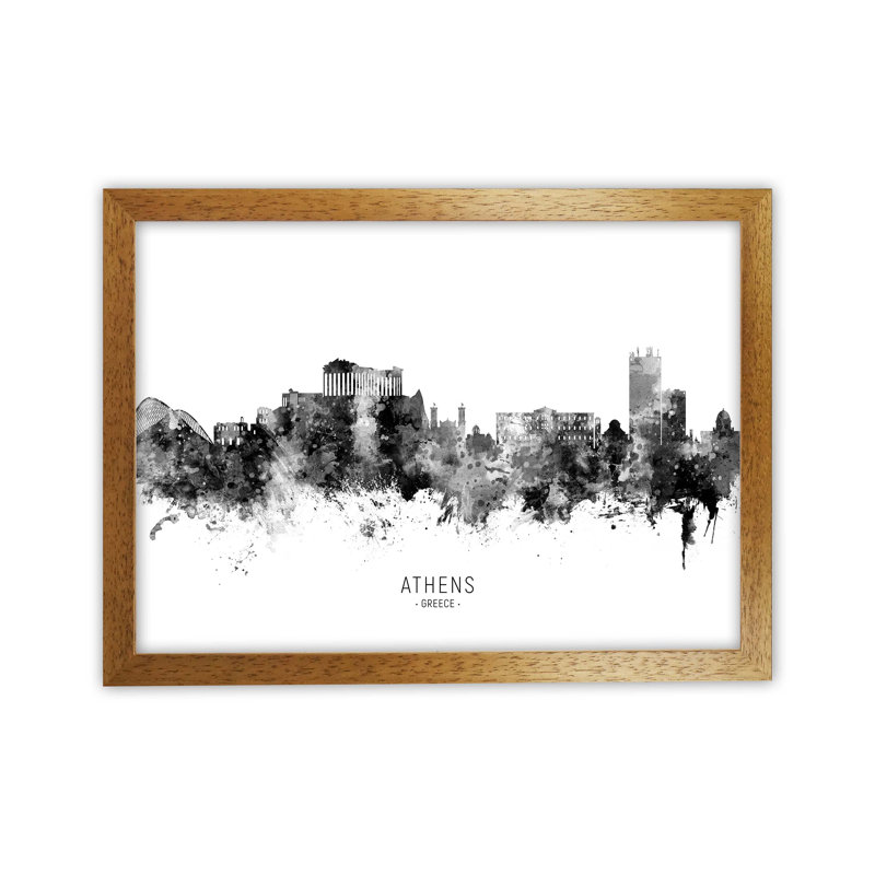 Athens Greece Skyline Black White City Name by Michael Tompsett - Print, 25cm H x 34cm W x 3cm D, Brown Framed