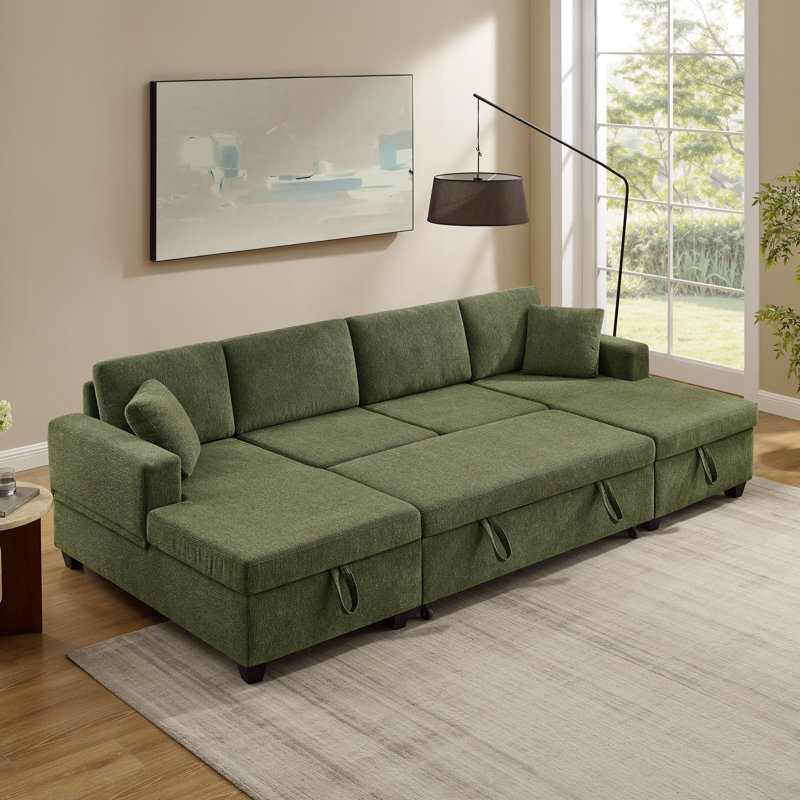  113'' U-Shaped Pull-Out Sofa Bed With Storage Chaise, Green Polyester