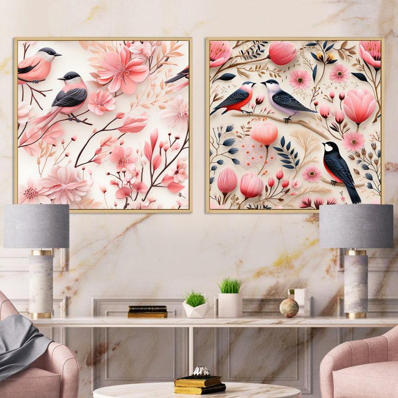 Ensemble de 2 collages carrés floraux roses et scandinaves, Cadre flottant brun, H 36 po x l 73 po