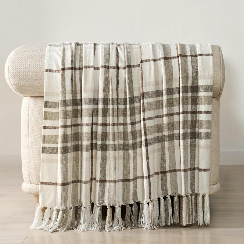 Soft Chenille Throw Blanket, 80" L x 60" W, Beige/White Plaid