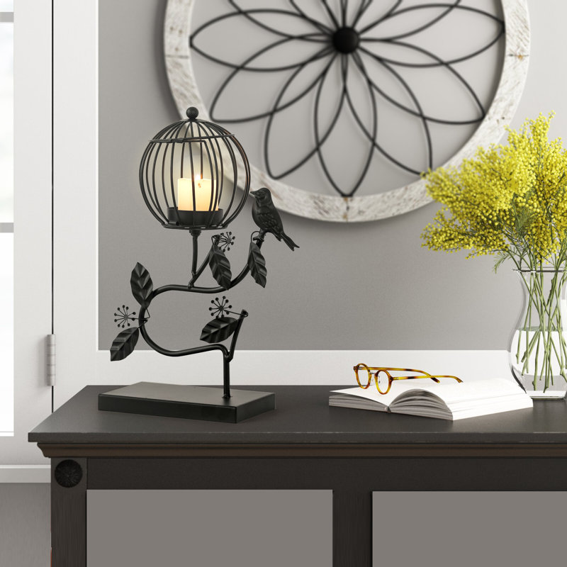 11.61" Bird Cage Iron Table Candle Lantern, Black