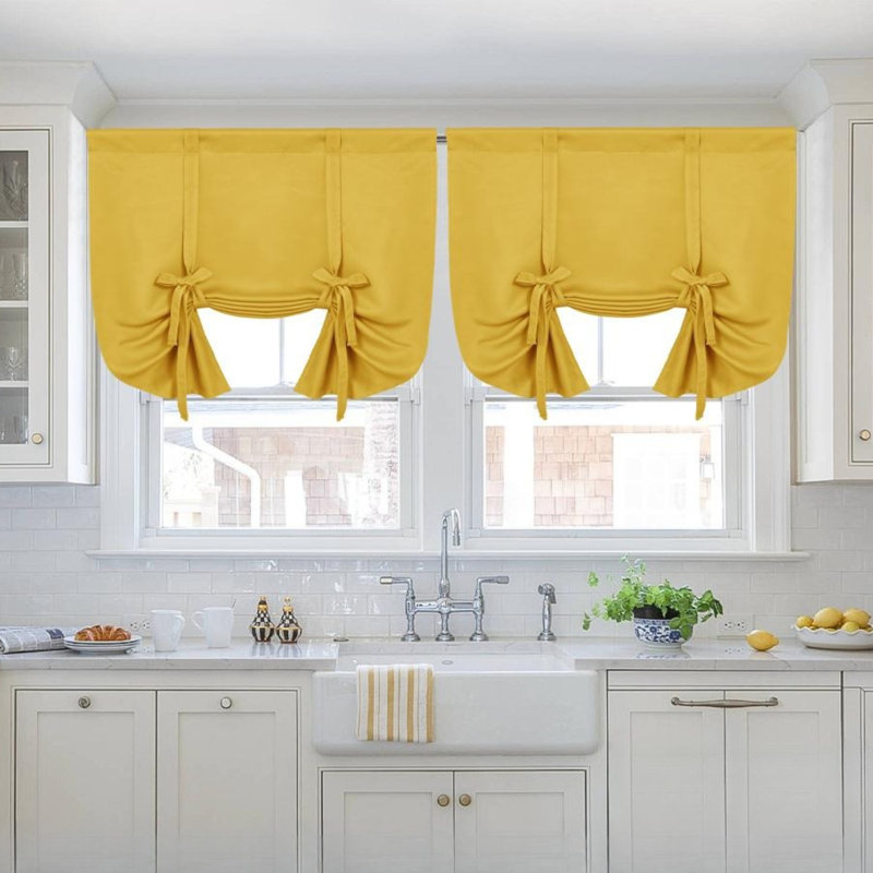 2 Panels Blackout Curtains-Tie Up Shade for Window Thermal Insulated Room Darkening Rod Pocket Curtains for Kitchen, Yellow