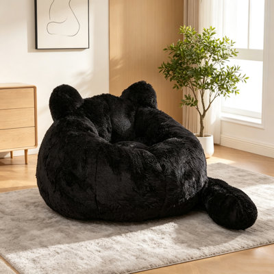 41.7" W Cat‑Shaped Faux Fur Bean Bag Chair, Fluffy Boneless Single Sofa with Detachable Tail Pillow, Foam‑Filled Cute Floor Accent Chair for Living Room Bedroom Dorm Apartment, Yellow