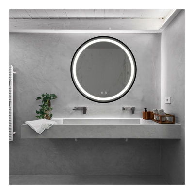 Miroir de salle de bain pour salle de bain avec fond de panier, cadre en alliage d'aluminium noir, luminosité élevée, tactile à intensité variable, contrôle de l'interrupteur mural, antibuée, IRC 95 réglable 3000K-4500K-6000K, étanche IP54