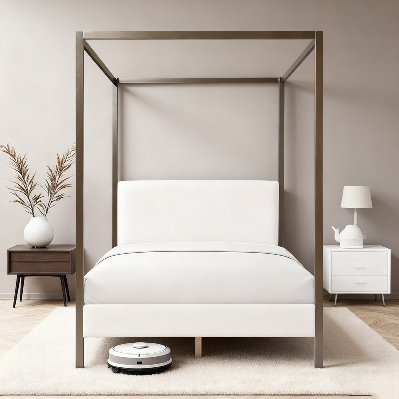 Lit à baldaquin rembourré en métal Boucle, combinant un design moderne avec un confort douillet et une durabilité robuste.