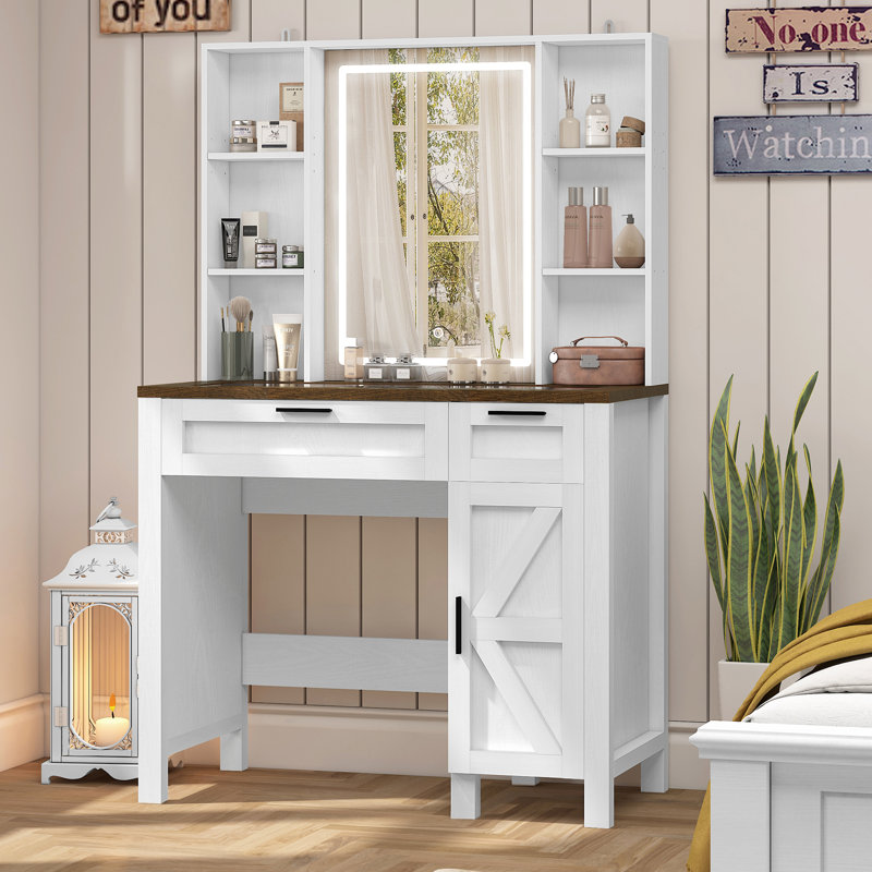 Meuble-lavabo Decoda Farmhouse avec miroir et lumières, Noyer / Blanc