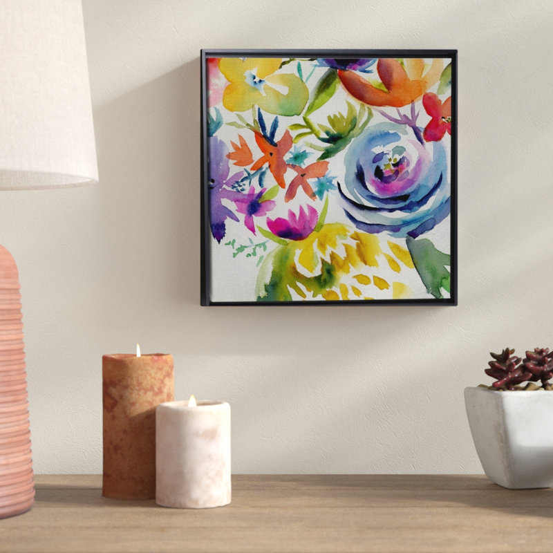 «Summer Spectrum I», peinture sur toile, H 31,7 po x l 31,7 po x P 1,75 po, Cadre flottant noir
