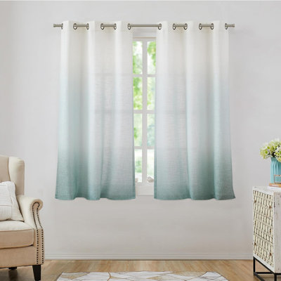 Cream White To Aqua Ombre Linen Gradient Curtains – 2 Panels, Rayon Blend