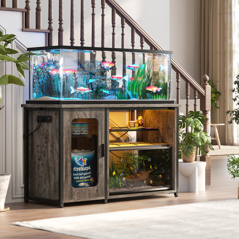 Rectangle Aquarium Stand And Reptile Stand With Power Outlets & LED Light, Grey