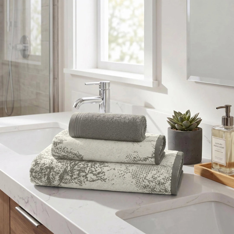 Ensemble de 3 serviettes Kreager 500 g/m² 100 % coton à séchage rapide, motifs marbrés et unis, Ivoire - gris anthracite