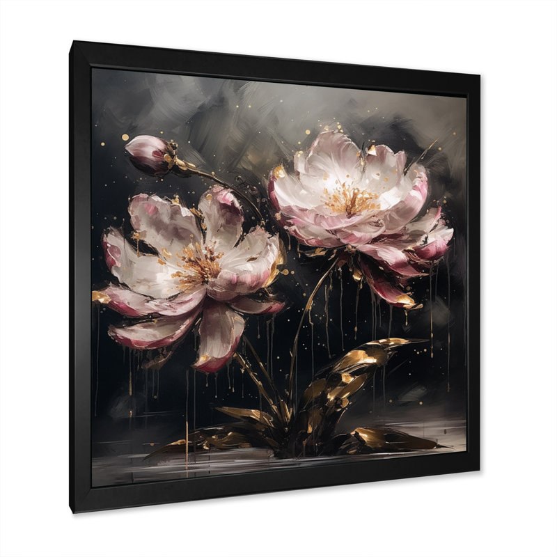 «Vibrant Pink Gold Peony Flower», reproduction sur toile encadrée, H 16 po x l 16 po x P 1 po, Cadre photo noir