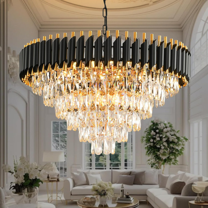 28.4in Modern Black Gold Crystal Chandelier, E14 Base, Dimmable, No Bulb Included