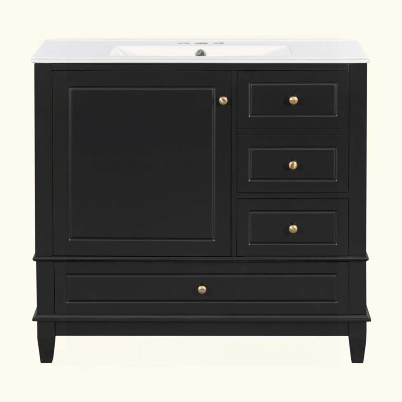 Meuble-lavabo avec lavabo en céramique, panneau de fibres à densité moyenne et base en bois massif, 3 tiroirs et armoire avec tablettes, meuble-lavabo autoportant avec trous de robinet de 4 pouces