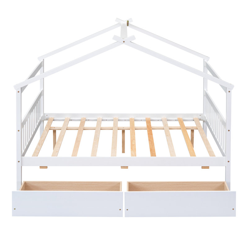 Lit maison en bois avec tiroirs, naturel, Blanc, Double