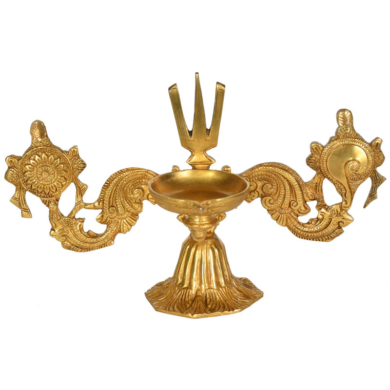 12-Wick Brass Oil Lamp on Stand with Vaishnava Symbols, Handmade Diwali Puja Lamp for Altar Tabletop Spiritual Home Decor