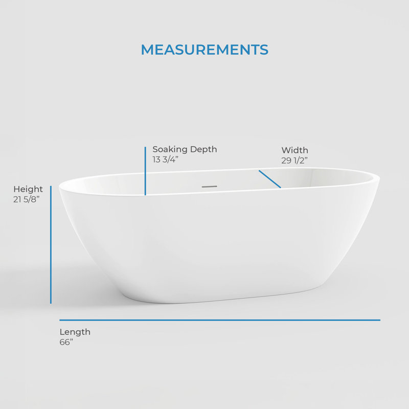 Ayago 65.98" x 29.53" Solid Surface Freestanding White Acrylic Soaking Bathtub, with Overflow and White Pop-up Drain, White