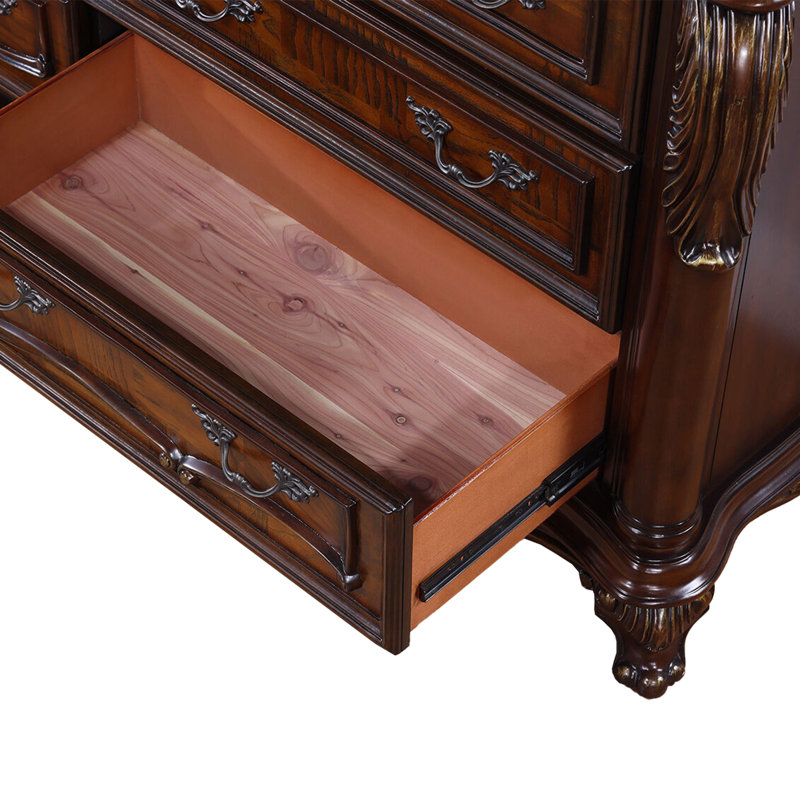 Ensemble de chambre à coucher grand 5 pièces Moni, bois massif brun cerise, 2 tables de chevet, Noir / cerisier brun
