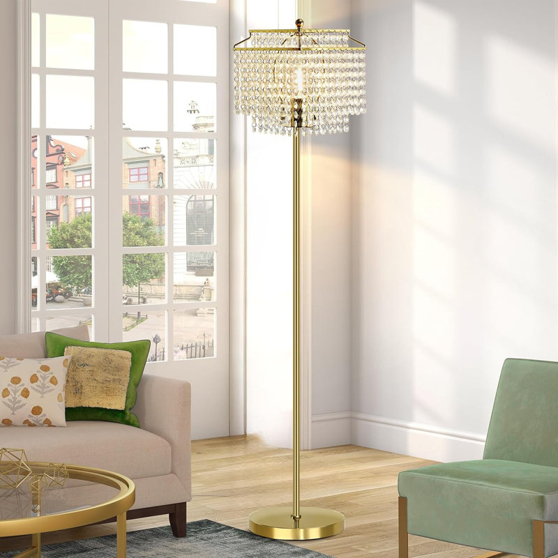 Crystal Floor Lamp, Elegant Standing Lamp With On-Off Foot Switch, Double-Layer Lampshade, Tall Standing Lamps For Living Room, Bedroom, Office, 8W LED Bulb Included