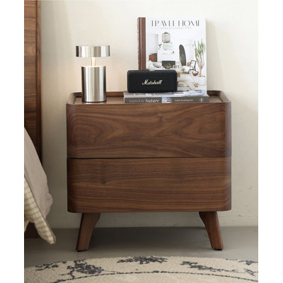 Modern Minimalist Solid Black Walnut Nightstand Double Drawer Storage