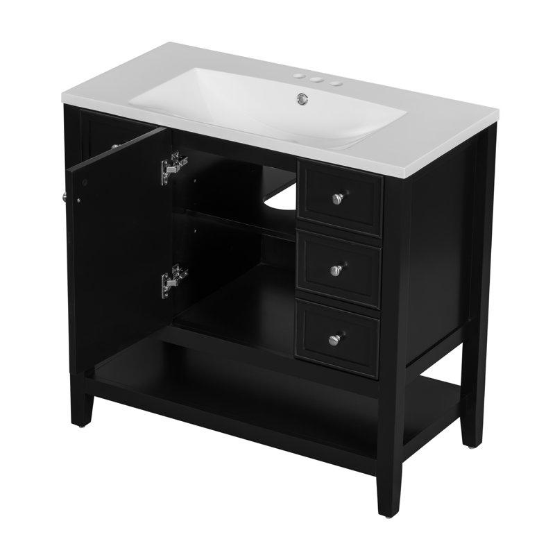 Meuble-lavabo de 36 po avec lavabo, une armoire et trois tiroirs, bois massif et panneau de fibres à densité moyenne, Noir