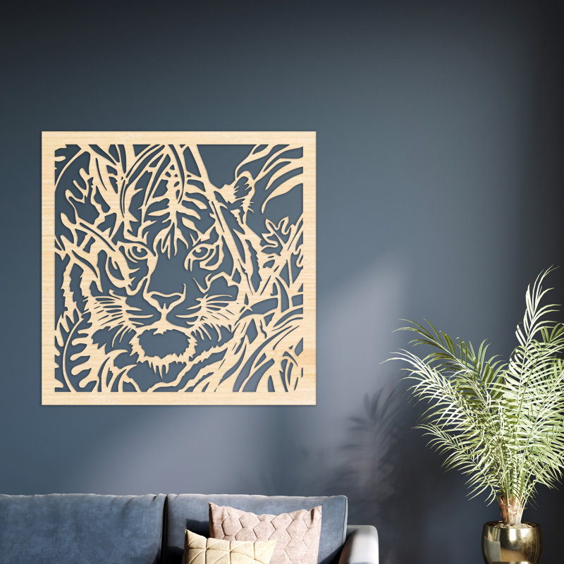 Décoration murale carrée abstraite avec tigre - bouleau baltique naturel, H 46 po x l 46 po x P 0,25 po