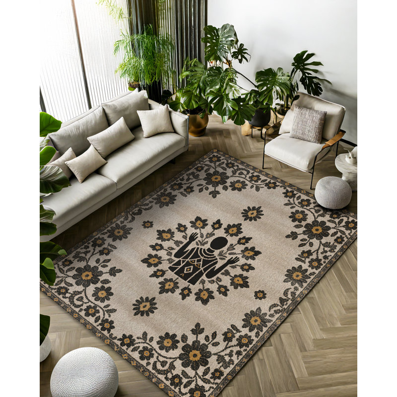 Annie Collection Digital Print Cotton-Polyester Gray Human Figured Floral Rug, Runner 2'8" x 13'2"