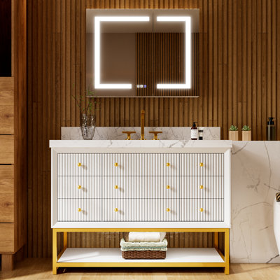 48" Single Sink Freestanding Bathroom Vanity Set In White With White Marble Top, Waterproof Scratch-Resistant Surface, Soft-Close Drawers + Built-In Night LED, With Frameless 3-Door LED Lighted Medicine Cabinet (Anti-Fog, 3000K/4500K/6000K Dimmable, USB/