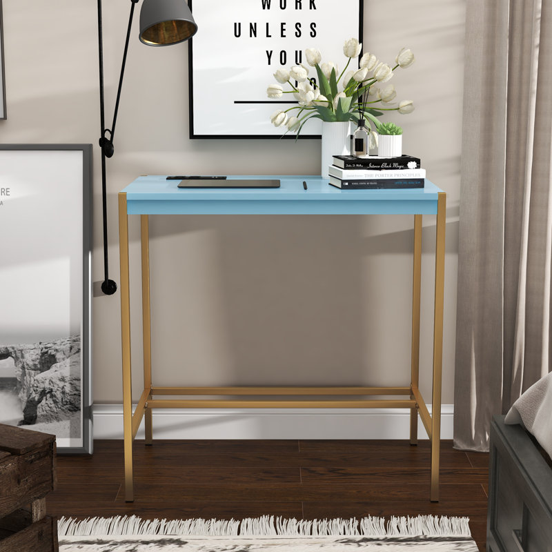 Bureau d'écriture avec prises intégrées Fultonville, Bleu Aruba / doré