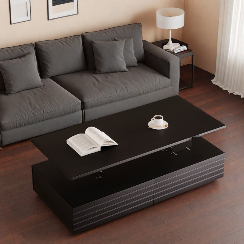 Modern Rectangular Coffee Table With Led Lights, 2 Drawers And Open Storage Shelf, Black