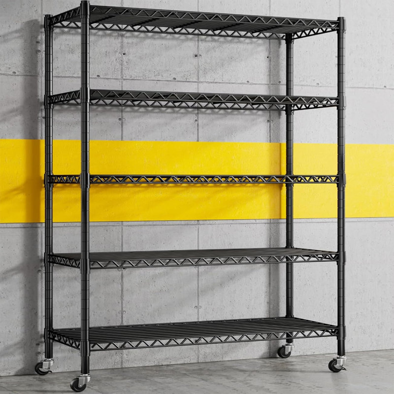 Étagère robuste à hauteur réglable avec roulettes, pieds de nivellement, Noir, (5 tablettes) H 82 po x l 60 po x P 24 po