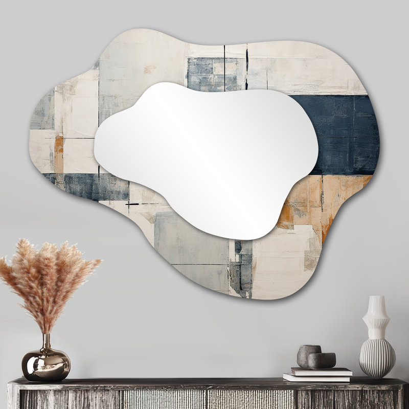 Veator Abstract Blue Beige Road Collage I - Abstract Collages Asymmetrical Decorative Wall Mirror, Modern Cloud Mirror, Printed Metal Art