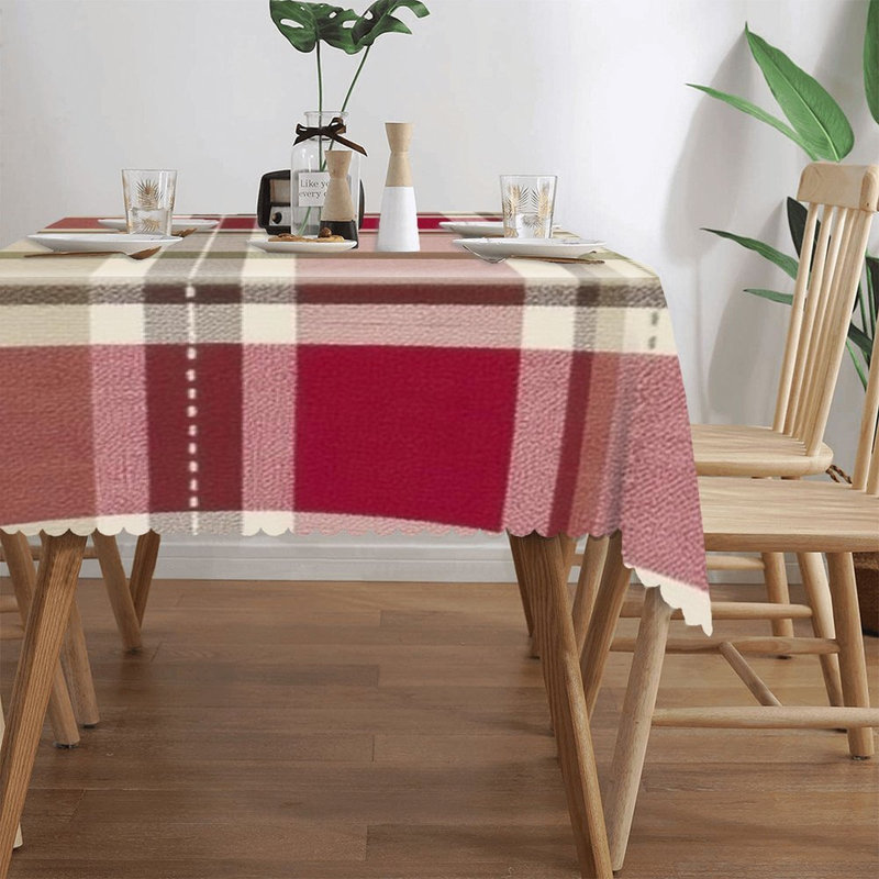 Tapis de table à carreaux roses et beige avec bordure ondulée 60 x 120 pouces
