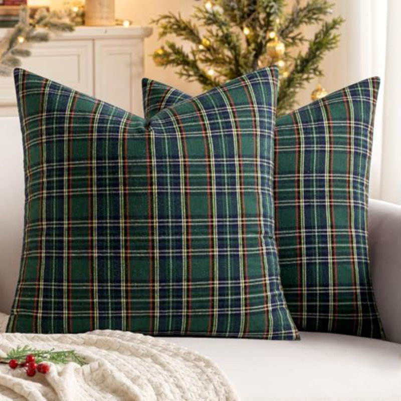 Housses de coussin de Noël écossais tartan écossais 24 x 24 vert, Khaki Plaid, Carré 24 po