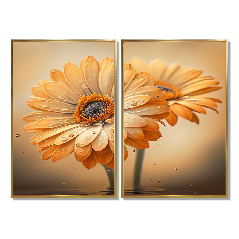 "Orange" et marguerites blanches I - art mural traditionnel bleu 2 pièces, H 36 po x l 48 po, Doré